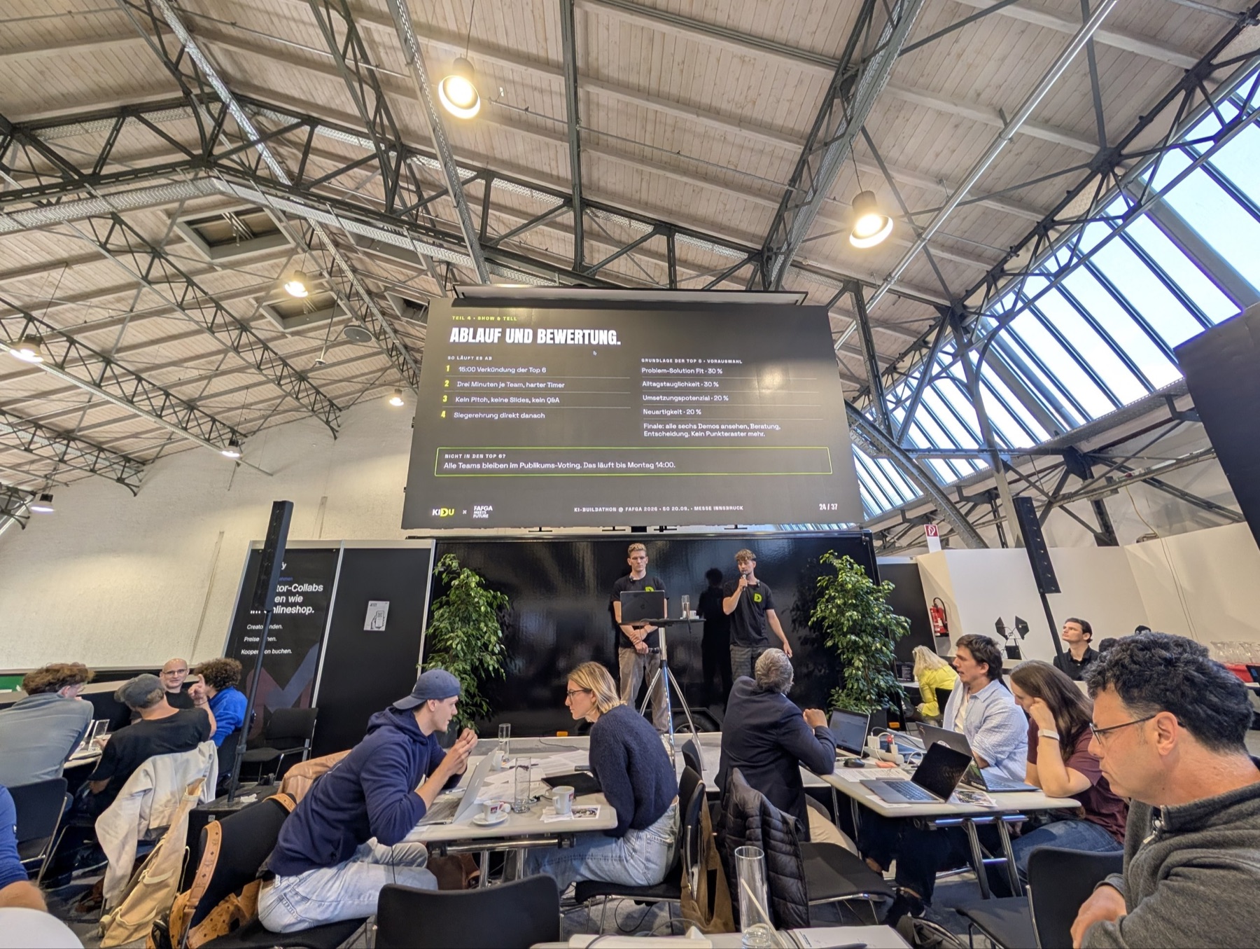 Teams sitzen an den Tischen, über der Bühne zeigt die LED-Wand Ablauf und Bewertung.