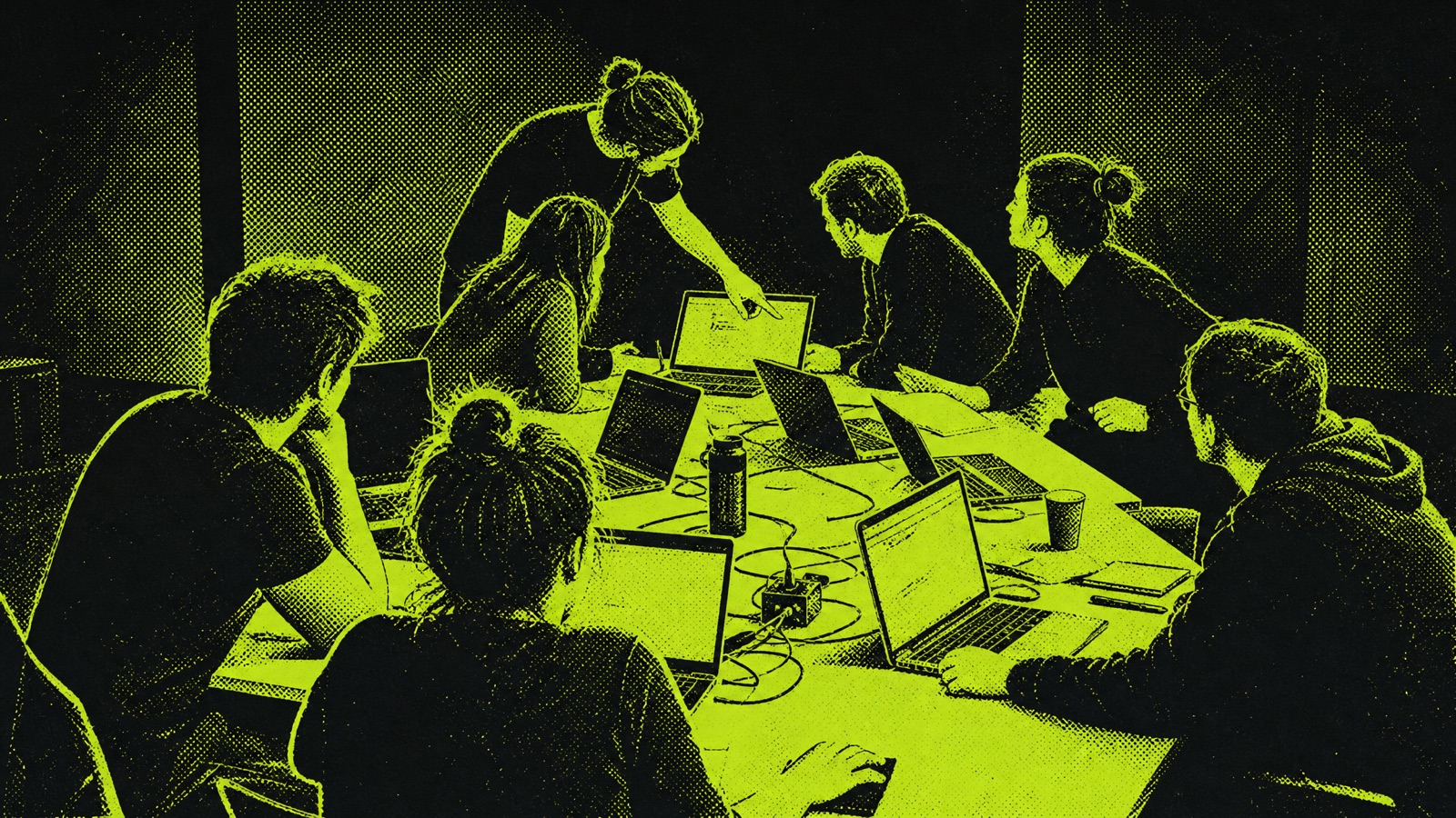 Mit KI erzeugte Siebdruck-Illustration: Ein Team sitzt von oben gesehen um einen Tisch voller Laptops, eine Person beugt sich vor und zeigt auf einen Bildschirm.