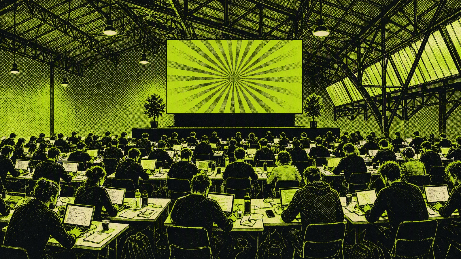 Mit KI erzeugte Siebdruck-Illustration: Blick in eine Messehalle mit Stahlfachwerk, volle Reihen von Arbeitstischen mit Laptops, vorne eine Bühne mit LED-Wand.