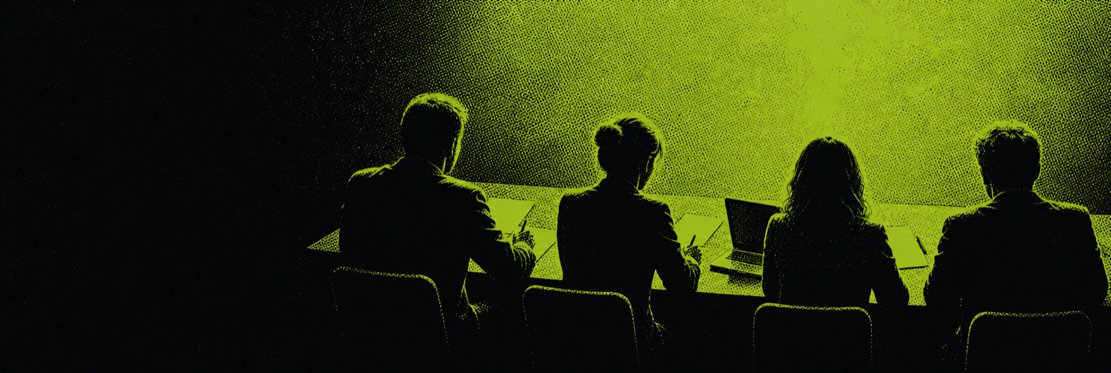 Mit KI erzeugte Siebdruck-Illustration: Vier Personen sitzen von hinten gesehen an einem Jurytisch vor einer hellen Fläche.