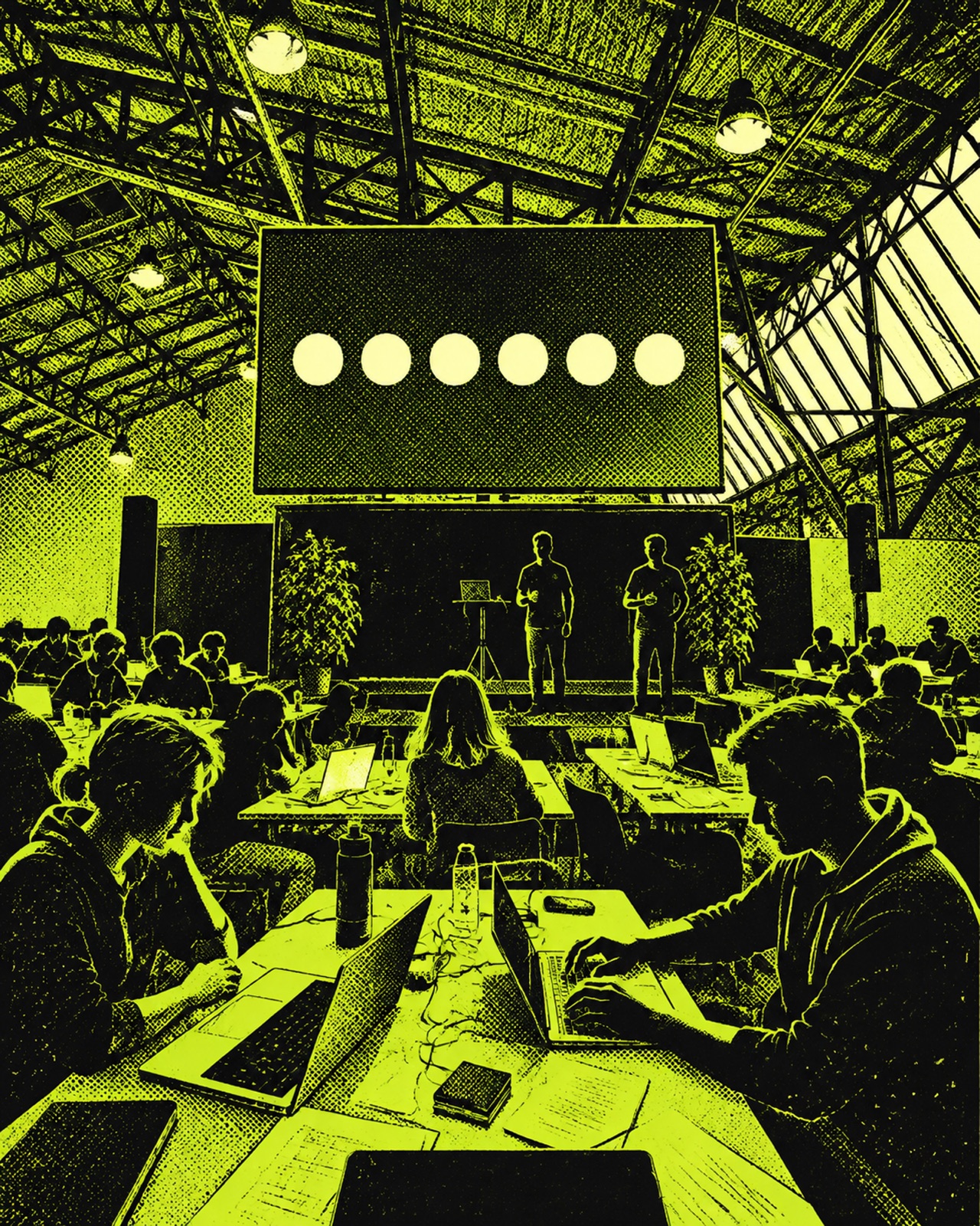 Mit KI erzeugte Siebdruck-Illustration: Teams arbeiten an langen Tischen voller Laptops in einer Messehalle, hinten eine Bühne mit zwei Personen unter einer großen LED-Wand.