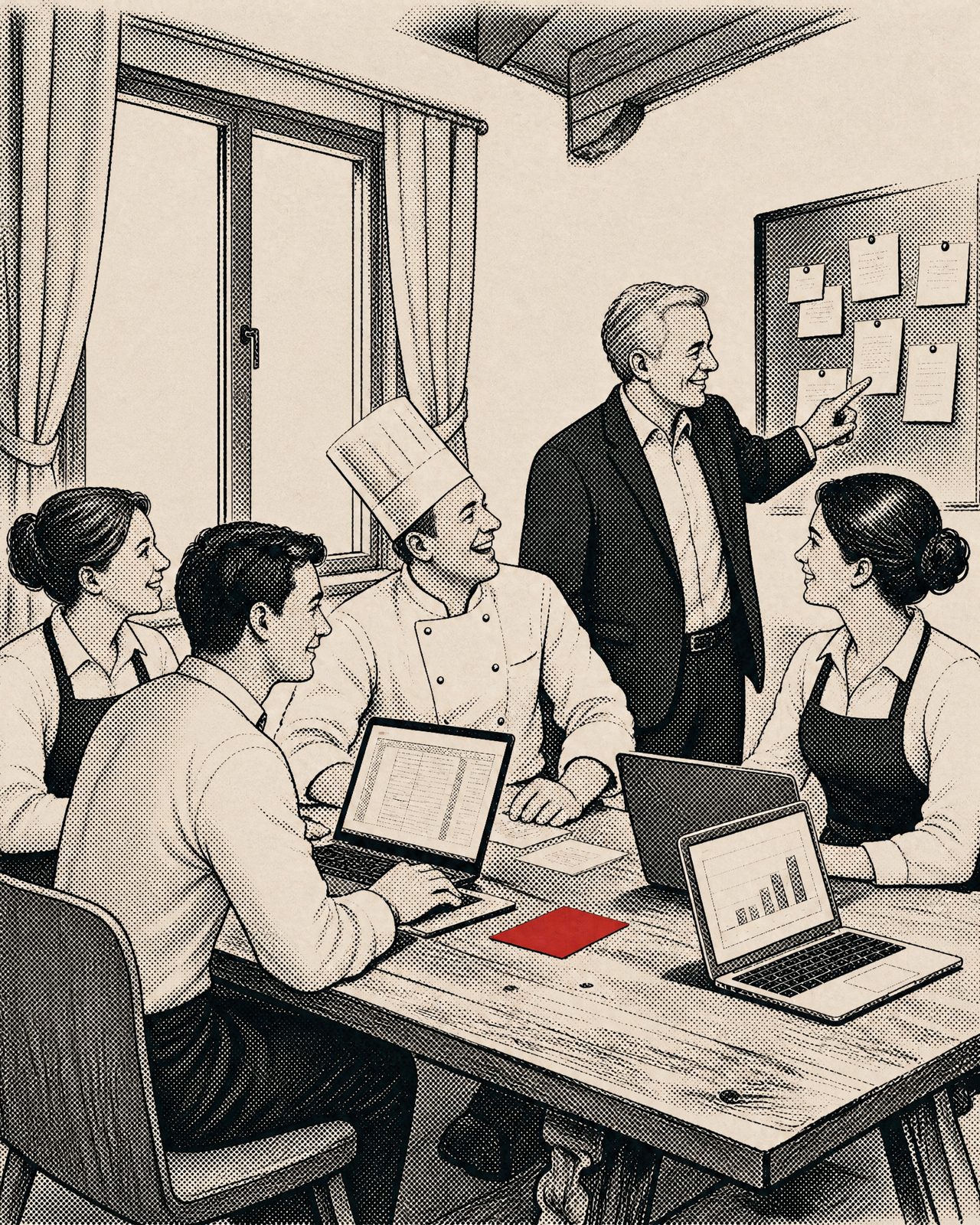 Mit KI erzeugte Siebdruck-Illustration: Ein Hotelteam sitzt mit Laptops an einem Holztisch, der Inhaber zeigt lachend auf Karten an der Pinnwand, der Koch lacht mit.