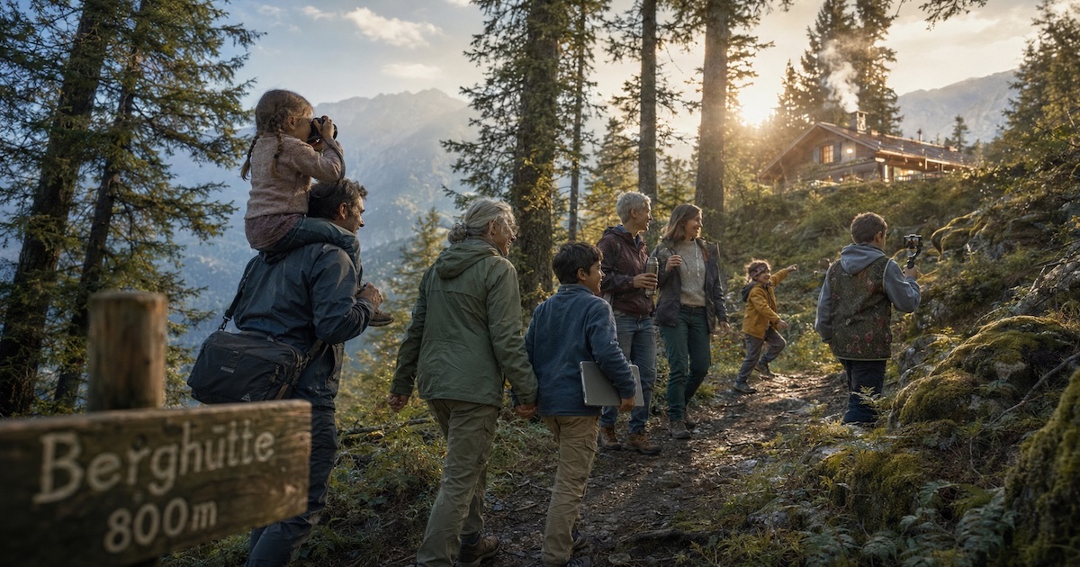 Familie wandert bei Sonnenuntergang zur Berghütte - Kinder, Großeltern und Profis gemeinsam unterwegs.